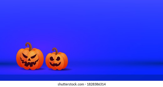 Happy halloween minimal creative banner with two orange scary pumpkins on purple background. Place for text. Vector illustration.