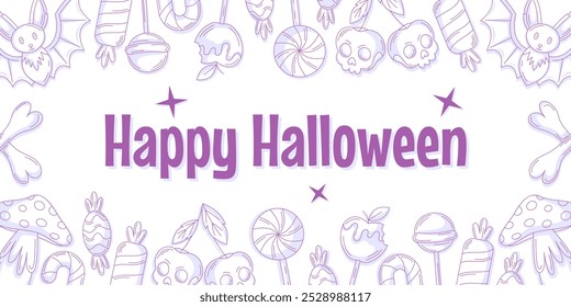 Feliz Halloween minimalista fundo, vetor horizontal cartão de saudação com moldura doces. Doces, pirulito, cereja em forma de crânio, ossos e morcego. Ilustração plana para festa, convite, cartaz, banner