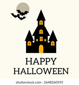 Happy Halloween, Minimalist with haunted house, moon and bats. on light beige background, perfect for holiday greeting cards, party invitations, seasonal social media posts, banners and decorations. P