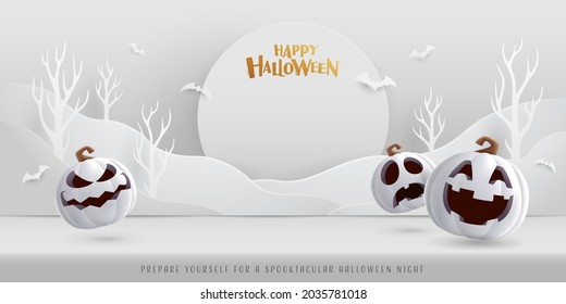 Happy Halloween. Halloween minimalist white theme paper graphic cloud scene with group of 3D illustration white modern pumpkin on studio table.