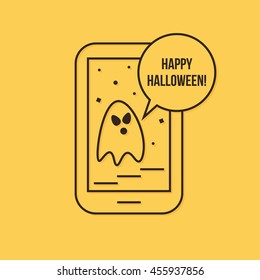 Happy halloween mobile app with ghost, modern linear icon, vector illustration.