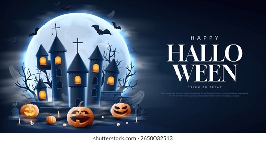 Happy Halloween modern banner. Vector background with castle, pumpkins, flying ghosts and bats, bright moon, candle, pupils, clouds. Cute Halloween card for branding, ads, social media, sale.