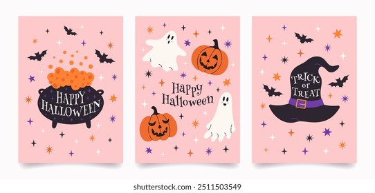 Feliz Dia das Bruxas. Cartazes bonitos modernos com personagens de Halloween, fantasma, morcego, abóbora, chapéu de bruxa e caldeirão. Design plano vetor moderno para cartão, folheto, anúncios, banner, cartaz, capa.