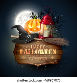Happy Halloween modern greeting card. Wooden sign with calligraphic inscription,old hat, broom and red lantern on blue background