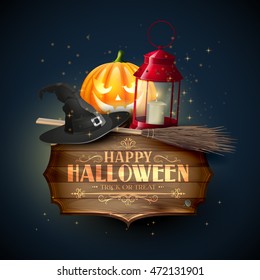 Happy Halloween modern greeting card. Wooden sign with calligraphic inscription,old hat, broom and red lantern on blue background