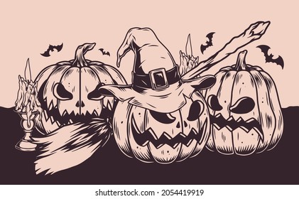 Happy Halloween monochrome concept in vintage style with scary pumpkins flying bats witch broom and burning candles vector illustration