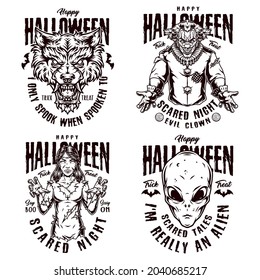 Happy Halloween monochrome vintage labels with spooky werewolf and extraterrestrial heads scary zombie girl and clown isolated vector illustration