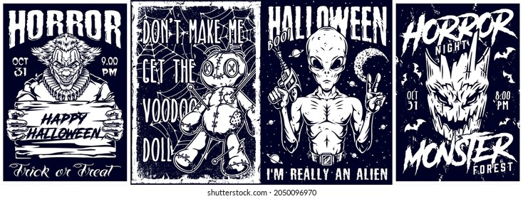 Happy Halloween monochrome vintage posters with letterings voodoo doll scary monster tree head bats evil clown with wooden board alien holding spacegun and showing peace sign vector illustration