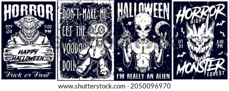 Happy Halloween monochrome vintage posters with letterings voodoo doll scary monster tree head bats evil clown with wooden board alien holding spacegun and showing peace sign vector illustration