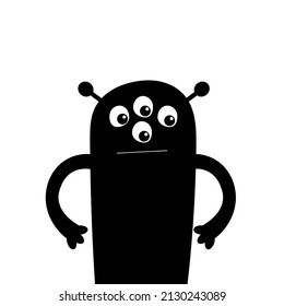 Happy Halloween. Monster black head face silhouette. Hands. Four eyes, sad mouth, horns. Cute kawaii cartoon funny character. Baby kids collection. Flat design. Isolated. White background. Vector