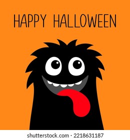 Happy Halloween. Monster Black Head Face Silhouette. Funny Cute Kawaii Cartoon Baby Character. Eyes, Teeth. Showing Tongue. Smiling Face. Sticker Print. Boo. Flat Design. Orange Background. Vector