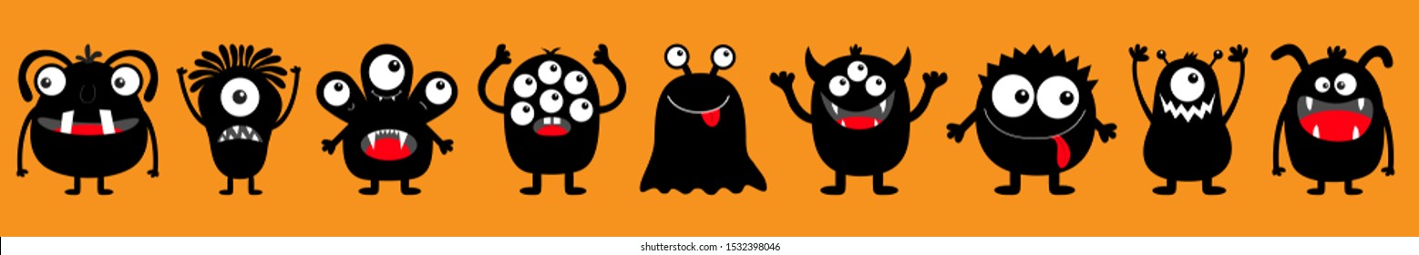Happy Halloween. Monster black round silhouette icon set line. Eyes, tongue, tooth fang, hands up. Cute cartoon kawaii scary funny baby character. Orange background. Flat design. Vector illustration