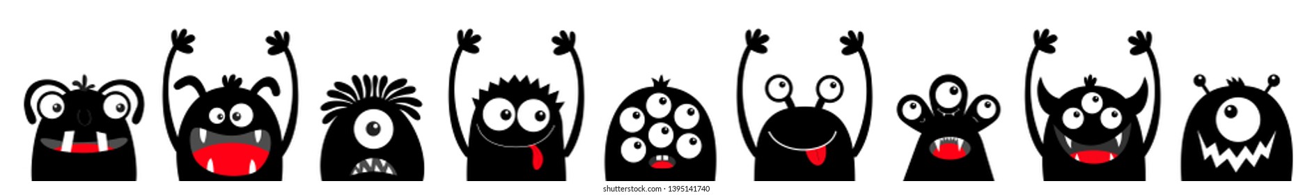 Happy Halloween. Monster black silhouette head face icon set line. Eyes, tongue, tooth fang, hands up. Cute cartoon kawaii scary funny baby character. White background. Flat design.Vector illustration