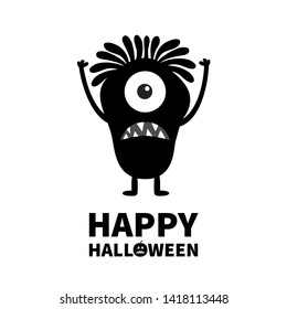 Happy Halloween. Monster black silhouette. Cute cartoon kawaii scary funny character. Baby collection. One eye, fang tooth, hands up, hair. White background. Isolated. Flat design. Vector illustration