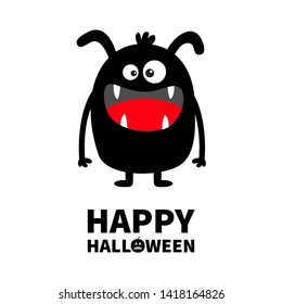 Happy Halloween. Monster black silhouette. Cute cartoon kawaii scary funny character. Baby collection. Crazy eyes, fang tooth tongue, hands. White background. Isolated. Flat design Vector illustration