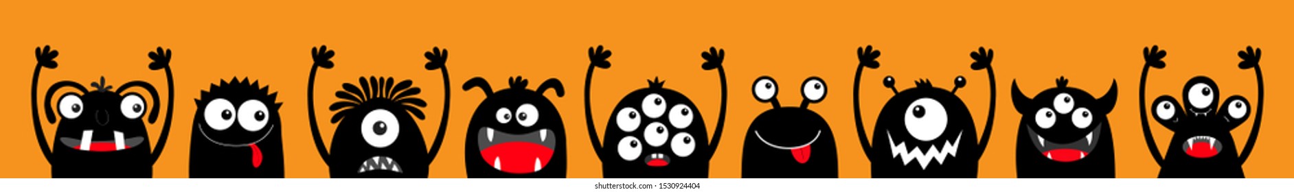 Happy Halloween. Monster black silhouette head face icon set line. Eyes, tongue, tooth fang, hands up. Cute cartoon kawaii scary funny baby character. Orange background Flat design Vector illustration