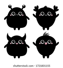 Happy Halloween. Monster black silhouette. Baby icon set. Cute cartoon kawaii scary funny character. Eyes, tooth fang, tongue, hands up. White background. Isolated. Flat design. Vector illustration