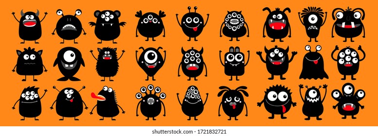 Happy Halloween. Monster black silhouette super big icon set. Cute cartoon kawaii scary funny baby character. Eyes, tooth fang, tongue, hands up. Orange background. Flat design. Vector illustration