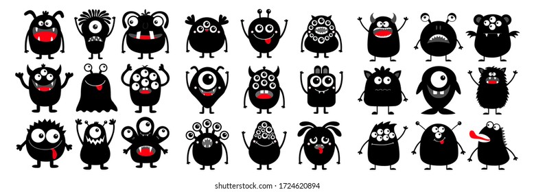 Happy Halloween. Monster black silhouette super big icon set. Cute cartoon kawaii scary funny baby character. Eyes, tooth fang, tongue, hands up. White background. Flat design. Vector illustration