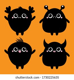 Happy Halloween. Monster black silhouette. Baby icon set. Cute cartoon kawaii scary funny character. Eyes, tooth fang, tongue, hands up. Isolated. Orange background. Flat design. Vector illustration