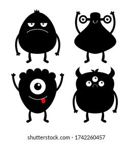 Happy Halloween. Monster black silhouette set. Eyes, horns, hands up, tongue. Cute cartoon kawaii sad character icon. Funny baby collection. Isolated White background. Flat design. Vector illustration