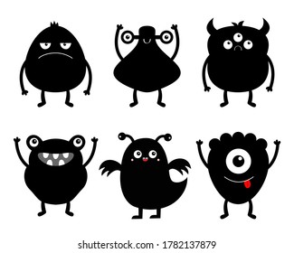 Happy Halloween. Monster black silhouette icon set. Eyes, horns, hands up, tongue. Six cute cartoon kawaii sad character. Funny baby collection. Isolated. White background. Flat design. Vector