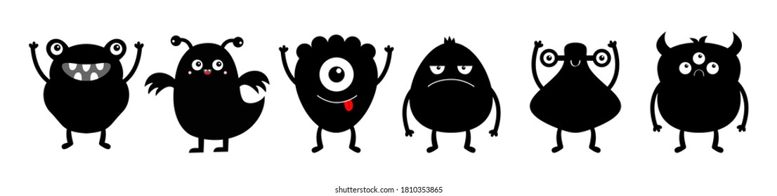 Happy Halloween. Monster black silhouette icon set line. Eyes, horns, hands up, tongue. Six cute cartoon kawaii sad character. Funny baby collection. Isolated. White background. Flat design. Vector