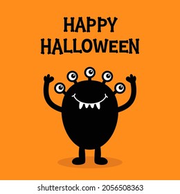 Happy Halloween. Monster black silhouette. Five eyes, fang tooth. Bones text font. Bone letter type. Cute kawaii cartoon funny character. Baby kids collection. Flat design. Orange background. Vector