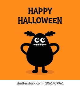 Happy Halloween. Monster black silhouette. Two eyes, fang tooth. Bones text font. Bone letter type. Cute kawaii cartoon funny character. Baby kids collection. Flat design. Orange background. Vector