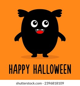 Happy Halloween. Monster black silhouette head face icon. Cute cartoon kawaii scary funny smiling baby character. Eyes, tongue, tooth fang, ears, hands. Flat design. Orange background. Isolated Vector