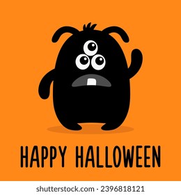 Happy Halloween. Monster black silhouette head face icon. Cute cartoon kawaii scary funny smiling baby character. Three eyes, tooth fang, ears, hands. Flat design. Orange background. Isolated. Vector