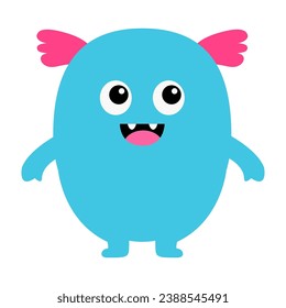 Happy Halloween. Monster blue silhouette head face icon. Eyes, tongue, tooth fang, ears, hands. Cute cartoon kawaii scary funny smiling baby character. Flat design. White background. Isolated. Vector