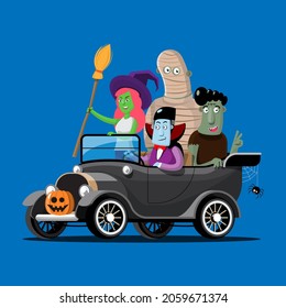 Happy Halloween monster character drive car for graphic designer use in webpage, poster, flyer such as witch, dracula, undead, mummy, pumpkin. Vector illustration flat style