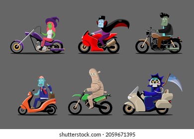 Happy Halloween monster character drive motorcycle for graphic designer use in webpage, poster, flyer such as witch,dracula, undead, mummy, deathly. Vector illustration flat style