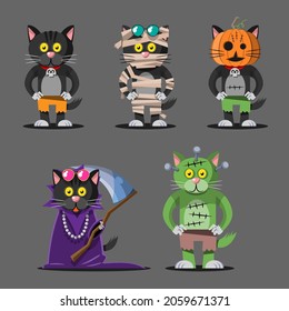 Happy Halloween monster character for graphic designer use in webpage, poster, flyer such as cat, mummy, pumpkin, deathly, undead. Vector illustration flat style