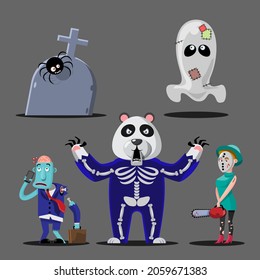 Happy Halloween monster character for graphic designer use in webpage, poster, flyer such as spider, ghost, undead, skeleton bear, assassin. Vector illustration flat style