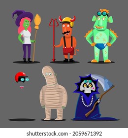 Happy Halloween monster character for graphic designer use in webpage, poster, flyer such as witch, devil, fish man, invisible, mummy, deathly. Vector illustration flat style