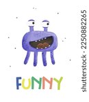 Happy Halloween. Monster colorful childish illustration. Cute cartoon scary funny kid character. Eyes, tongue, tooth click, hands up. Flat design. White background Vector illustration with inscription