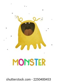 Happy Halloween. Monster colorful childish illustration. Cute cartoon scary funny kid character. Eyes, tongue, tooth click, hands up. Flat design. White background Vector illustration with inscription