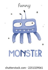 Happy Halloween. Monster colorful childish illustration. Cute cartoon scary funny kid character. Eyes, tongue, tooth click, hands up. Flat design. White background Vector illustration with inscription