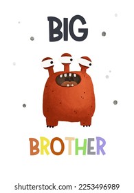 Happy Halloween. Monster colorful childish illustration. Cute cartoon scary funny kid character. Eyes, tongue, tooth click, hands up. Flat design. White background Vector illustration with inscription