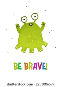 Happy Halloween. Monster colorful childish illustration. Cute cartoon scary funny kid character. Eyes, tongue, tooth click, hands up. Flat design. White background Vector illustration with inscription