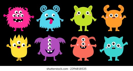 Feliz Halloween. Conjunto de iconos coloridos del monstruo. Ocho monstruos. Ojos, lengua, colmillo dental, manos arriba. Cuta caricatura kawaii personaje bebé asustado y gracioso. Aislado. Fondo negro. Diseño plano. Vector