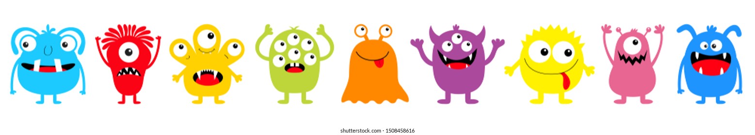 Happy Halloween. Monster colorful round silhouette icon set line. Eyes, tongue, tooth fang, hands up. Cute cartoon kawaii scary funny baby character. White background. Flat design. Vector illustration