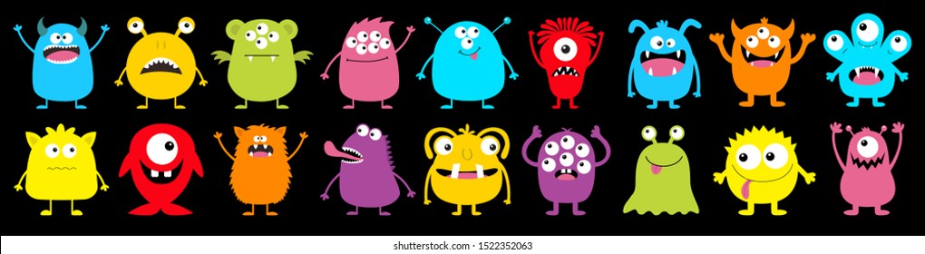 Happy Halloween. Monster colorful round silhouette icon super big set line. Cute cartoon kawaii scary funny baby character. Eyes, tongue, tooth fang, hands up. Black background. Flat design. Vector