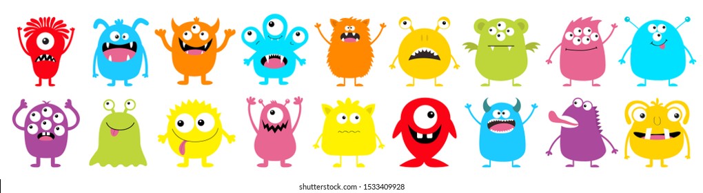 Happy Halloween. Monster Colorful Round Silhouette Icon Super Big Set Line. Eyes, Tongue, Tooth Fang, Hands Up. Cute Cartoon Kawaii Scary Funny Baby Character.White Background. Flat Design. Vector