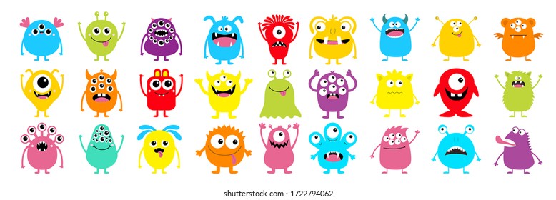 Happy Halloween. Monster colorful silhouette super big icon set. Cute kawaii cartoon scary funny baby character. Eyes, tongue, tooth fang, hands up. Flat design. White background. Vector illustration