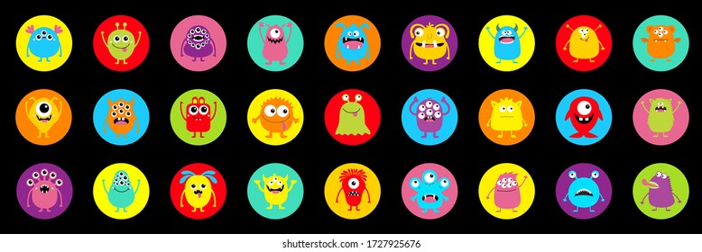 Happy Halloween. Monster colorful silhouette super big round icon set. Cute kawaii cartoon scary funny baby character. Eyes, tooth fang, tongue, hands up. Black background. Flat design. Vector