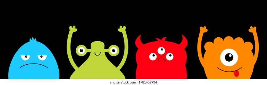 Happy Halloween. Monster colorful silhouette face head icon set line. Cute cartoon kawaii scary funny baby character. Eyes, tongue, hands up. Black background. Isolated. Flat design. Vector