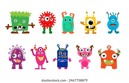 Happy Halloween. Monster colorful silhouette head face icon set line. Eyes, tongue, tooth fang, hands up. Cute cartoon kawaii scary funny baby character. White background. Flat design. Vector